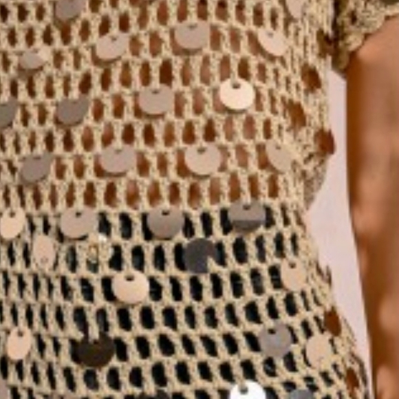 Molly Bracken Tan Sequin Crochet Blouse NWT XS PTP 17 - Picture 2 of 8